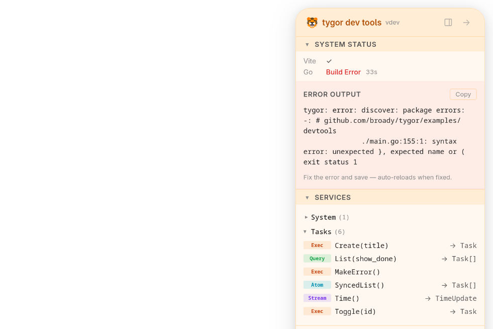 tygor devtools showing Go build errors in browser